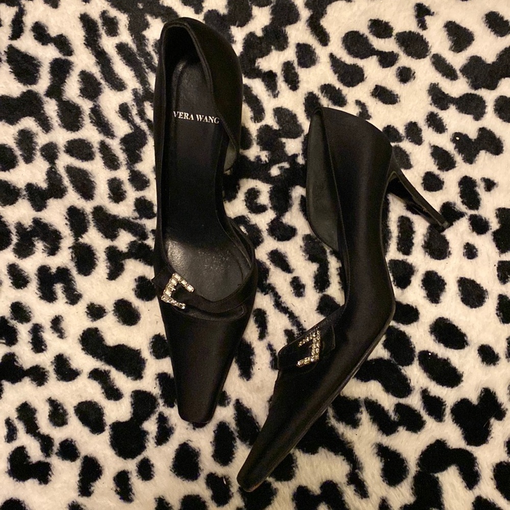Vera Wang Black Satin D’Orsey Heels with Rhinestone Buckles